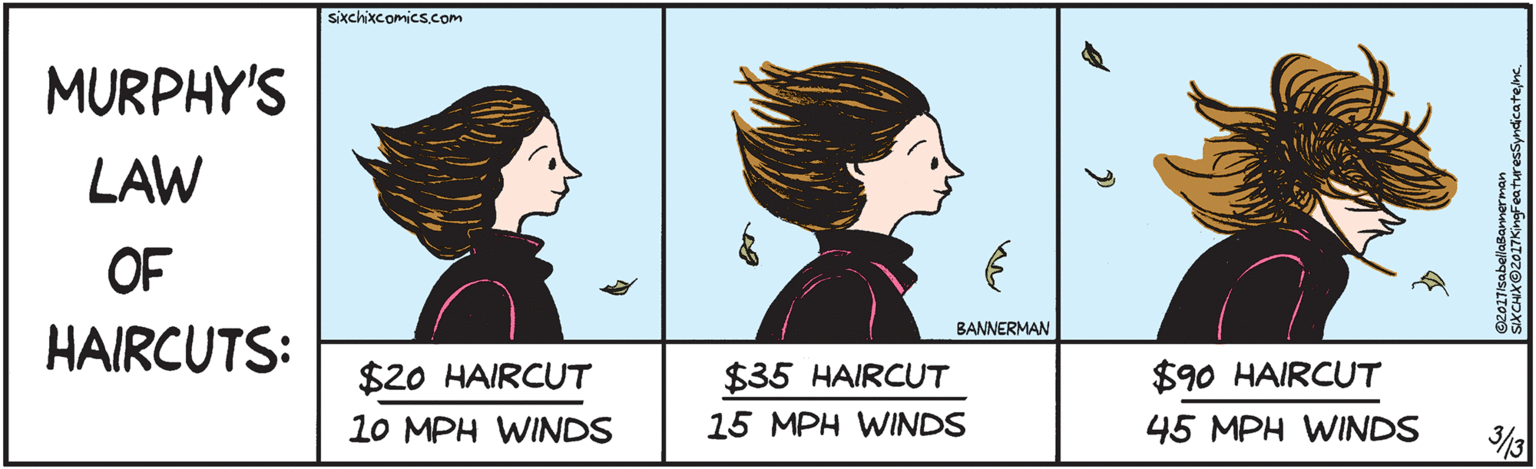 Happy OCR: sixchixcomics.com MURPHY'S LAW OF HAIRCUTS: $20 HAIRCUT 10 MPH WINDS BANNERMAN $35 HAIRCUT $90 HAIRCUT 15 MPH WINDS 45 MPH WINDS 3/13 O2017/sabellaBannerman SIXCHIX@2017KingFeaturesSyndicatenc. sixchixcomics.com MURPHY'S LAW OF HAIRCUTS: $20 HAIRCUT 10 MPH WINDS BANNERMAN $35 HAIRCUT $90 HAIRCUT 15 MPH WINDS 45 MPH WINDS 3/13 O2017/sabellaBannerman SIXCHIX@2017KingFeaturesSyndicate
