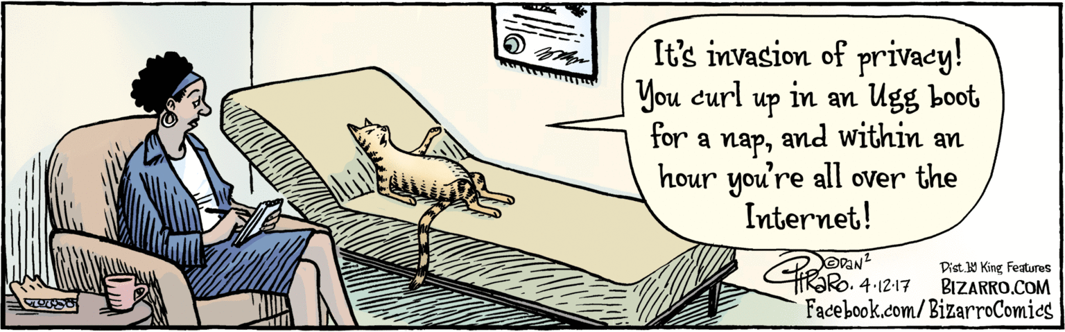 Chair OCR: BIZARRO.COM Fadebook.com/BizarroComies Dist Y King featuras It's invasion of privacy! You curl in up an Ugg boot for a nap& within an hour you're all over the Internet! 4.12.17 BIZARRO.COM Fadebook.com/BizarroComies Dist Y King featuras It's invasion of privacy! You curl in up an Ugg boot for a nap& within an hour you're all over the Internet! 4.12.17