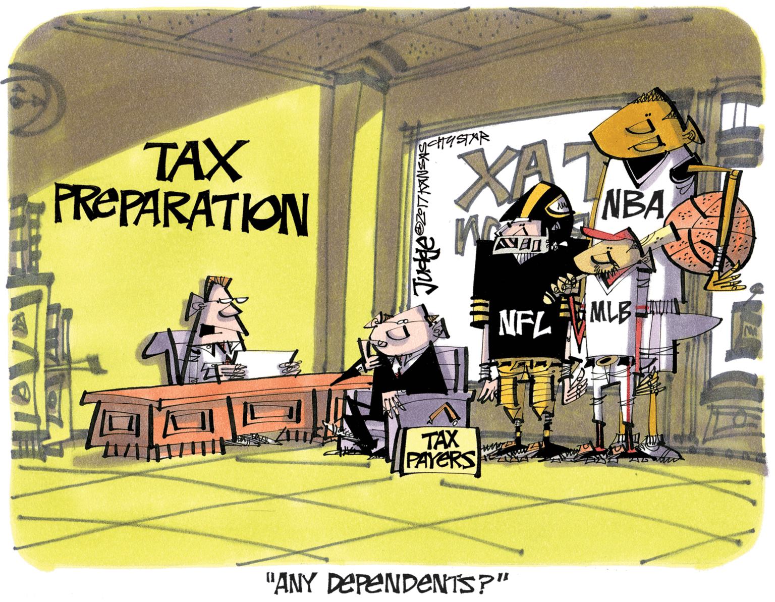 Chair OCR: TAX PREPARATION XAT NBA NFL MLB TAX PAYERS "ANY DEPENDENTS?" TAX PREPARATION XAT NBA NFL MLB TAX PAYERS "ANY DEPENDENTS?"