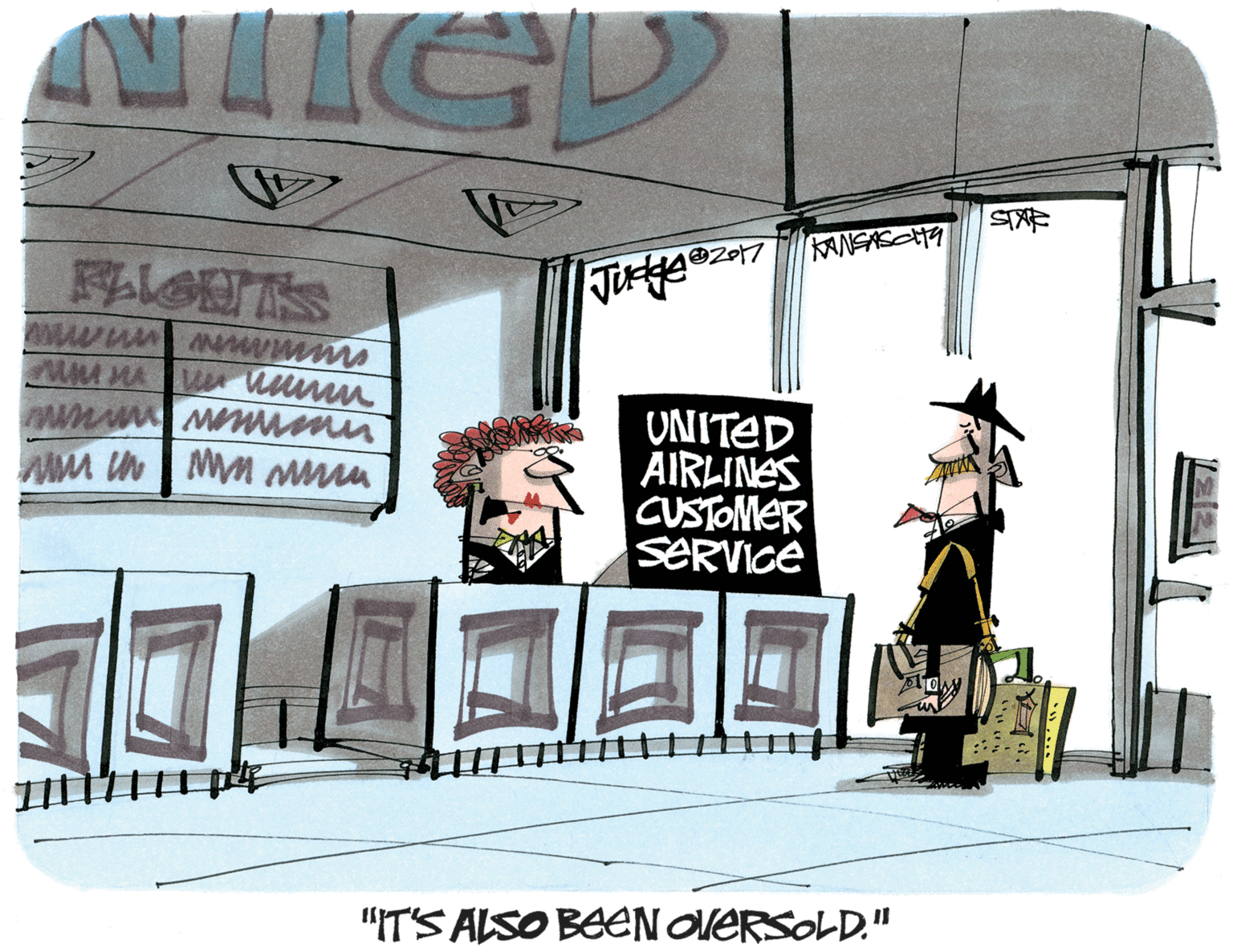 Handwriting OCR: ANIICL KANSASCTY UNITED AIRLINES CUSTOMER SERVICE "IT'S ALSO BEEN OVERSOLD." ANIICL KANSASCTY UNITED AIRLINES CUSTOMER SERVICE "IT'S ALSO BEEN OVERSOLD."