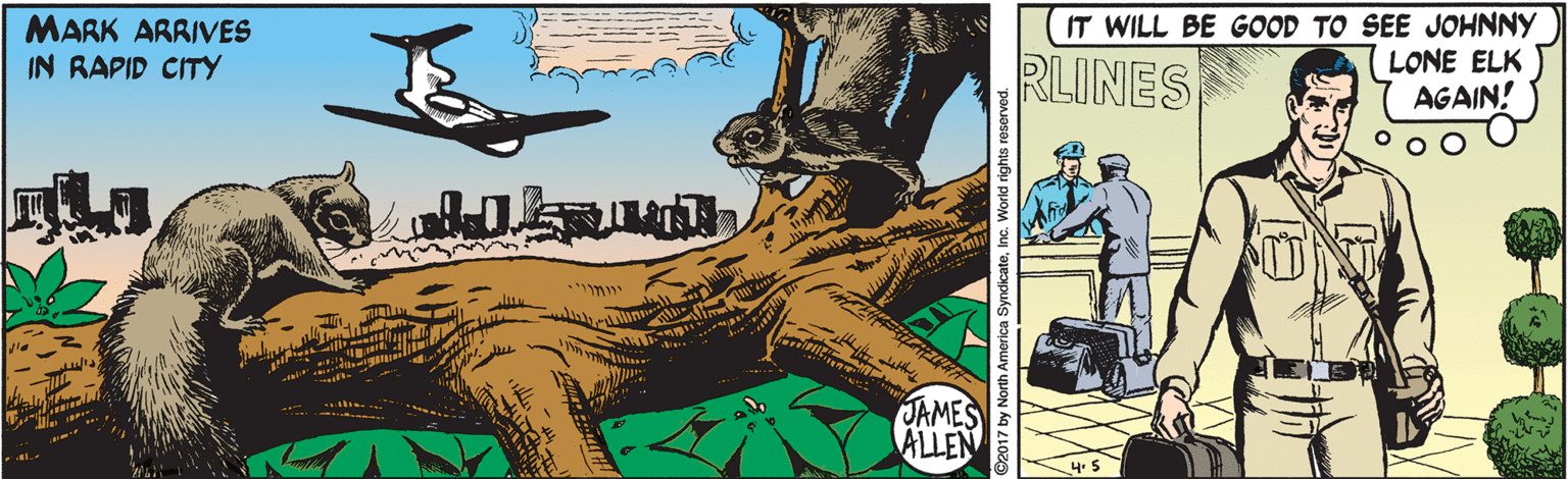 Comic book OCR: MARK ARRIVES IN RAPID CITY RLINES IT WILL BE GOOD TO SEE JOHNNY LONE ELK AGAIN! ??? JAMES ALLEN 017 by North America SyndicateInc. MARK ARRIVES IN RAPID CITY RLINES IT WILL BE GOOD TO SEE JOHNNY LONE ELK AGAIN! ??? JAMES ALLEN 017 by North America Syndicate