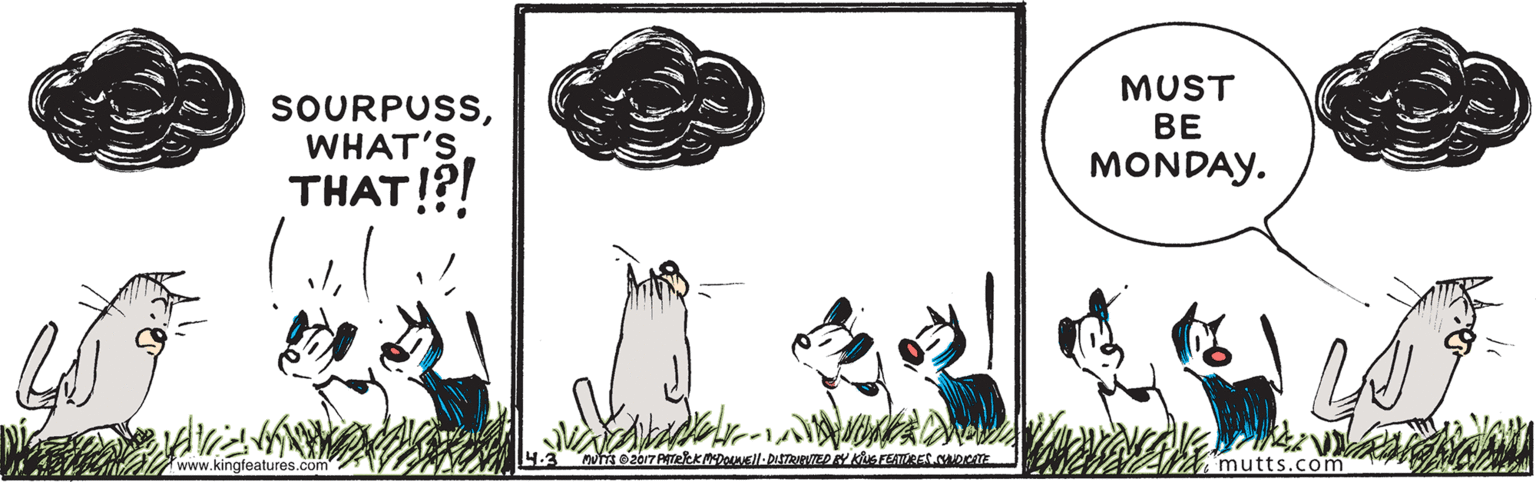 Drawing OCR: MUST BE SOURPUSSWHAT'S THAT!?! MONDAY. www.kingfeatures.com mutts.com MUST BE SOURPUSSWHAT'S THAT!?! MONDAY. www.kingfeatures.com mutts.com