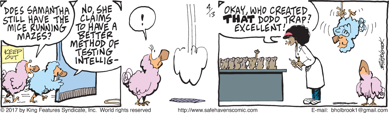 Art OCR: DDES SAMANTHAY NOSHE STILL HAVE THE CLÁIMS MICE RUNNING /TO HAVE A BETTER METHOD OF TESTING INTELLIG- OKAYWHO CREATED. TH?T DODO TRAP? EXCELLENT! 1? MAZES? KEEP OUT O 2017 by King Features SyndicateInc. World rights reserved http://www.safehavenscomic.com E-mail: bholbrook1@gmail.com DDES SAMANTHAY NOSHE STILL HAVE THE CLÁIMS MICE RUNNING /TO HAVE A BETTER METHOD OF TESTING INTELLIG- OKAYWHO CREATED. TH?T DODO TRAP? EXCELLENT! 1 ? MAZES? KEEP OUT O 2017 by King Features SyndicateInc. World rights reserved http://www.safehavenscomic.com E-mail: bholbrook1@gmail.com