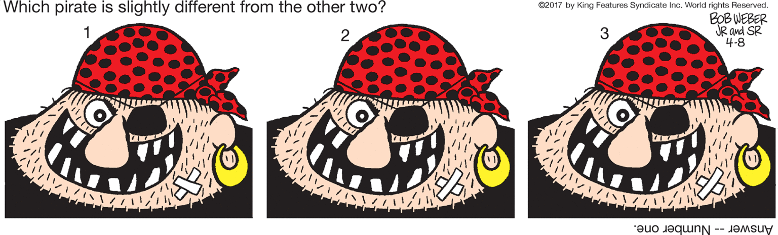 Polka dot OCR: Which pirate is slightly different from the other two? ©2017 by King Features Syndicate Inc. World rights Reserved. BOB WEBER JR and SR 4-8 1 2 3 Answer -- Number one. Which pirate is slightly different from the other two? ©2017 by King Features Syndicate Inc. World rights Reserved. BOB WEBER JR and SR 4-8 1 2 3 Answer -- Number one.