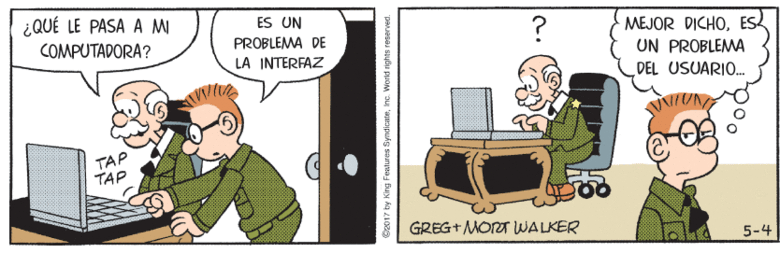 Illustration OCR: ¿QUÉ LE PASA A MI ES UN ? MEJOR DICHOES4 UN PROBLEMA DEL USUARIO. COMPUTADORA? PROBLEMA DE LA INTERFAZ TAP TAP GREG+ MOrT WALKER 5-4 @2017 by King Features SyndicateInc. World rights reserved. ¿QUÉ LE PASA A MI ES UN ? MEJOR DICHOES4 UN PROBLEMA DEL USUARIO. COMPUTADORA? PROBLEMA DE LA INTERFAZ TAP TAP GREG+ MOrT WALKER 5-4 @2017 by King Features SyndicateInc. World rights reserved.