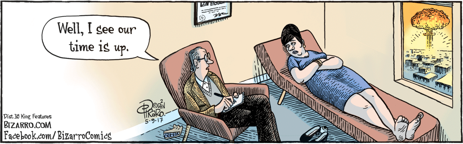 Conversation OCR: BIZARRO.COM Facebook.com/BizarroComics Dist Y King featuras WellI see our time is up. OVAN 5-9. 17 BIZARRO.COM Facebook.com/BizarroComics Dist Y King featuras WellI see our time is up. OVAN 5-9. 17