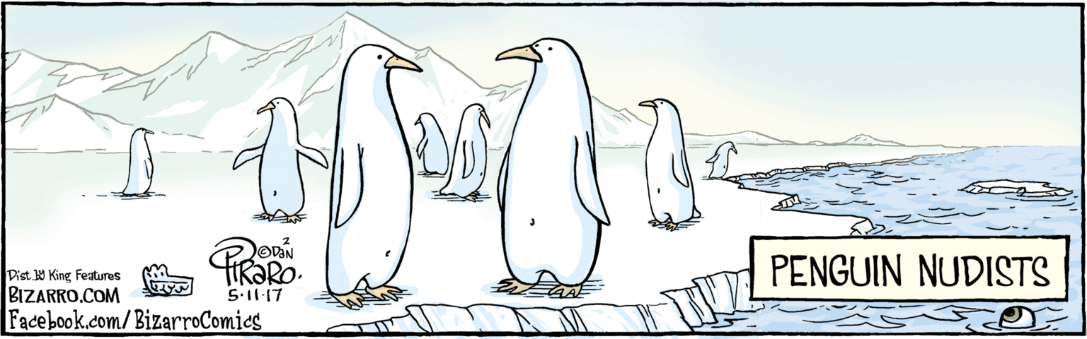 Neck OCR: BIZARRO.COM Facebook.com/BizarroComics Dist Y King Featuras - ?St PENGUIN NUDISTS BIZARRO.COM Facebook.com/BizarroComics Dist Y King Featuras - ?St PENGUIN NUDISTS