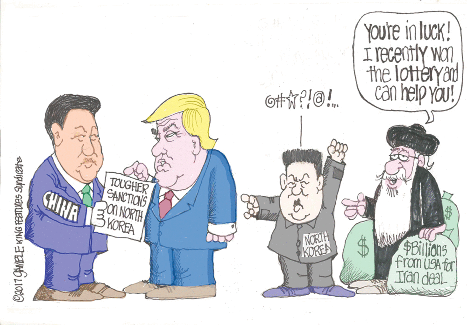 Fictional character OCR: You're in luck! I recenty wonthe lotteryad can help yau!TOUGHER SANCTIONS SHIHA IB KOREA 201 NORTH NORTH KOREA $Billions from USA for Iran deal %24 O2017 GAMELE KING FATNES Syndicate You're in luck! I recenty wonthe lotteryad can help yau!TOUGHER SANCTIONS SHIHA IB KOREA 201 NORTH NORTH KOREA $Billions from USA for Iran deal %24 O2017 GAMELE KING FATNES Syndicate
