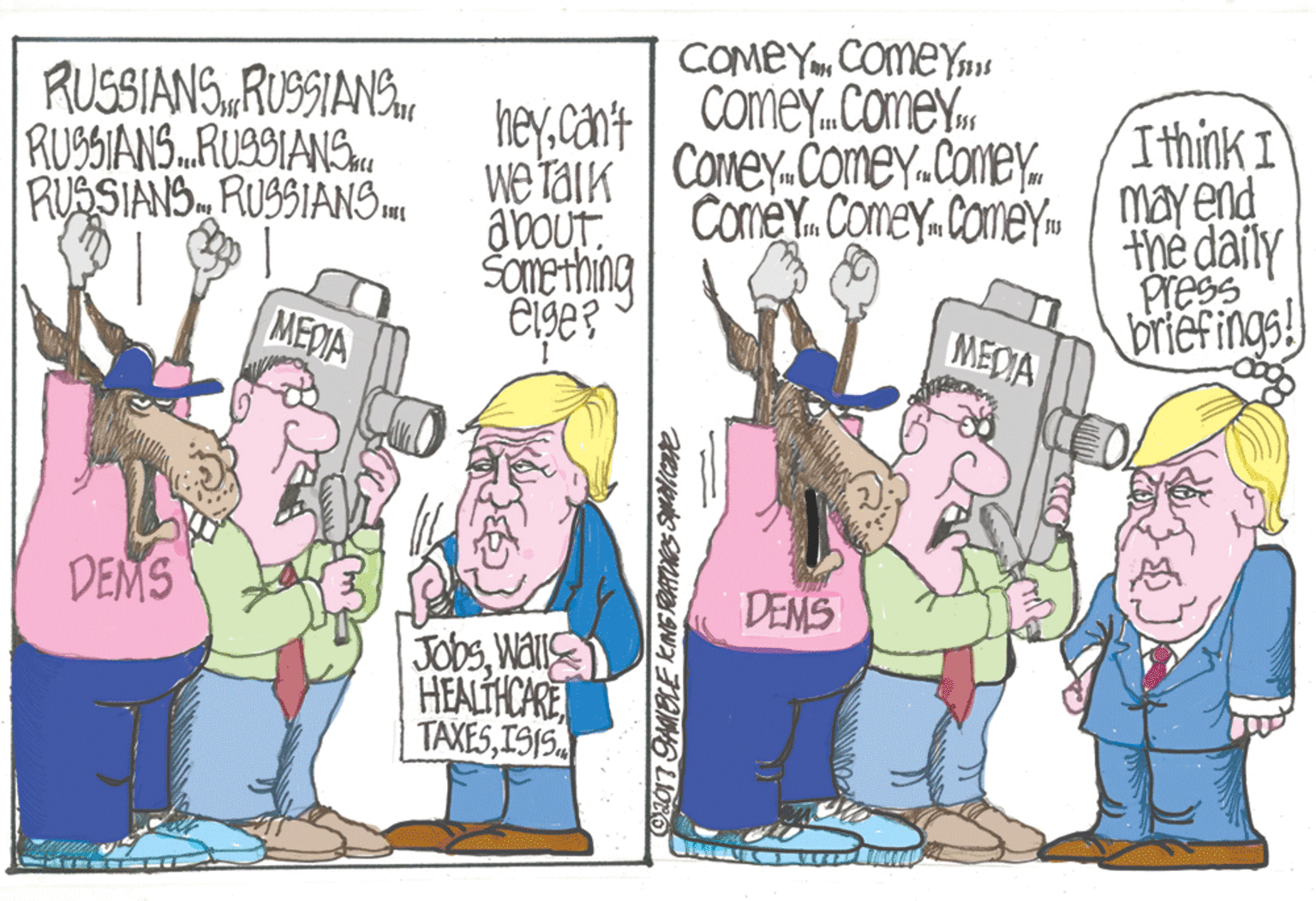 Illustration OCR: COMEYCOmeYu Comey.Come.. RUSSIANSRUSSIANS.RUSSIANS RUSSIANS RUSSIANS. hey.cant Ithink I wetaik Comey.ComeY.Comey. about. ŠONething Coney. Comey.Comey mayend the dafly Press briefings! MEDIA MEDIA DEMS DEMS JobsWall HEALIHCARE TAXESIS1S. H017 GAMELE KNG RATUES Spelcoe COMEYCOmeYu Comey.Come.. RUSSIANSRUSSIANS.RUSSIANS RUSSIANS RUSSIANS. hey.cant Ithink I wetaik Comey.ComeY.Comey. about. ŠONething Coney. Comey.Comey mayend the dafly Press briefings! MEDIA MEDIA DEMS DEMS JobsWall HEALIHCARE TAXESIS1S. H017 GAMELE KNG RATUES Spelcoe