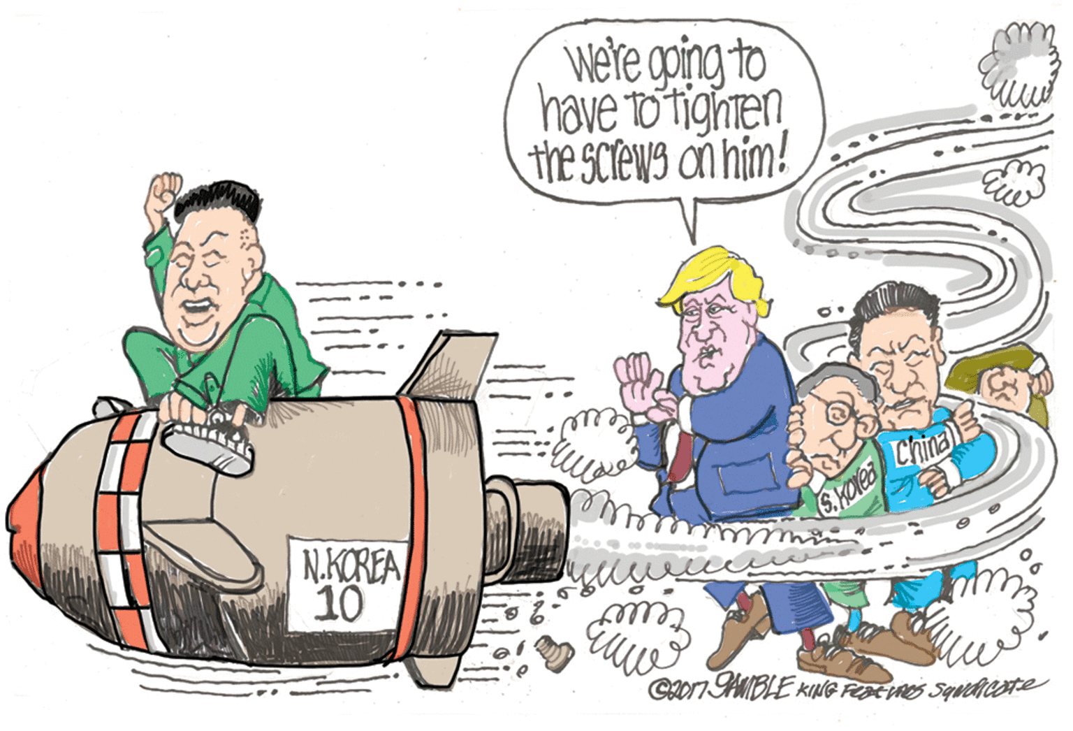 Conversation OCR: WE're going to have o tighten the sciews an him! S.KOles Chinal N.KOREA 10 WE're going to have o tighten the sciews an him! S.KOles Chinal N.KOREA 10