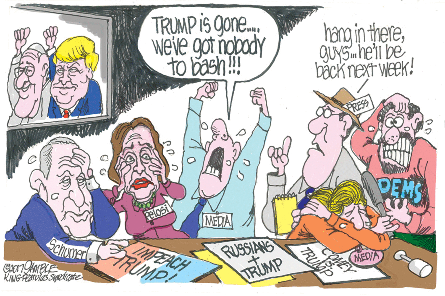 Line OCR: TRUMP iS gone. weje got nobody to bash! hang in thereQUYSheli be back next Week! %3D PRESS DEMS Felosi MEDIA IMPEACH ARUMP! Schumed RUSSIANS TRUMP MEDIA TRU TRUMP iS gone. weje got nobody to bash! hang in thereQUYSheli be back next Week! %3D PRESS DEMS Felosi MEDIA IMPEACH ARUMP! Schumed RUSSIANS TRUMP MEDIA TRU