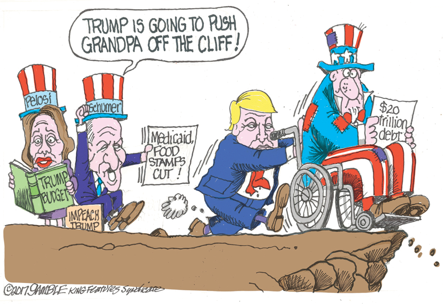 Fictional character OCR: TRUMP 1S GOING TO PUSH GRANDPA OFF THE CLIFF! Pelosf $20 btrillion 3debr MedicaidPFOOD STAMPS CUT! TRUMP IMPEACH TRUMP TRUMP 1S GOING TO PUSH GRANDPA OFF THE CLIFF! Pelosf $20 btrillion 3debr MedicaidPFOOD STAMPS CUT! TRUMP IMPEACH TRUMP