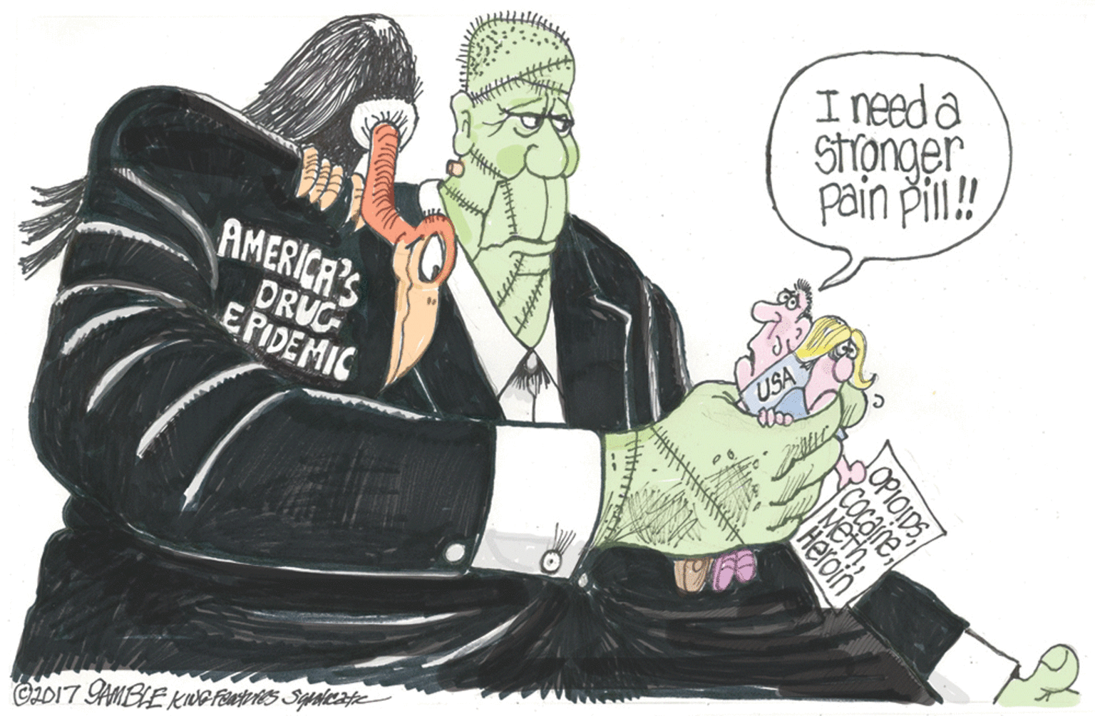 Conversation OCR: I need a STonger pain Pil! AMERICR'S DRUC EPIDEMIC USA OPIOIDSCOcaine MethHeroin I need a STonger pain Pil! AMERICR'S DRUC EPIDEMIC USA OPIOIDSCOcaine Meth