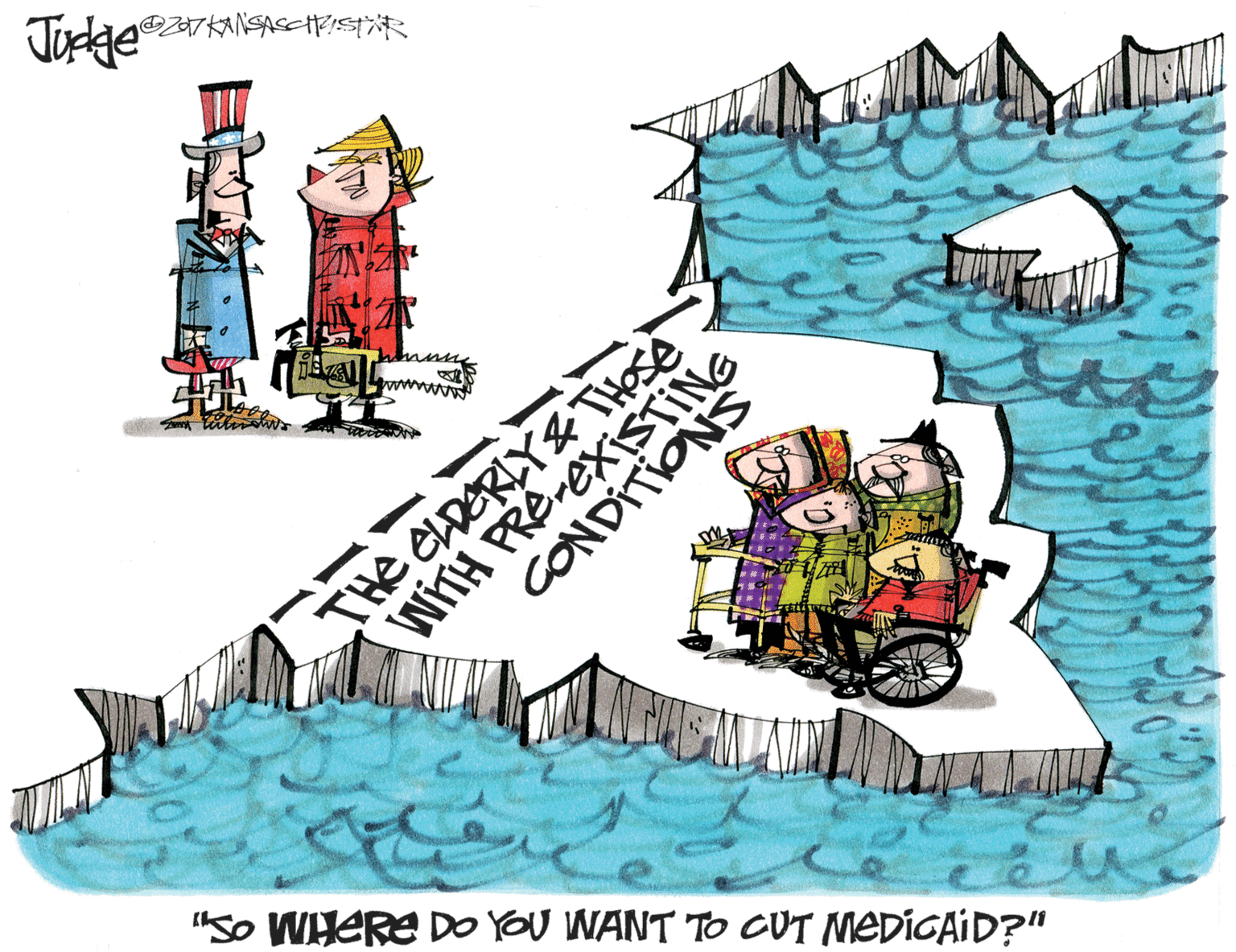 Illustration OCR: Tusge ? WÍTH PRE-EXISTING CONDITIONS THe CLDERLY& THese "So WHERE DO YOU WANT TO CUT MEDIGAID?" Tusge ? WÍTH PRE-EXISTING CONDITIONS THe CLDERLY& THese "So WHERE DO YOU WANT TO CUT MEDIGAID?"
