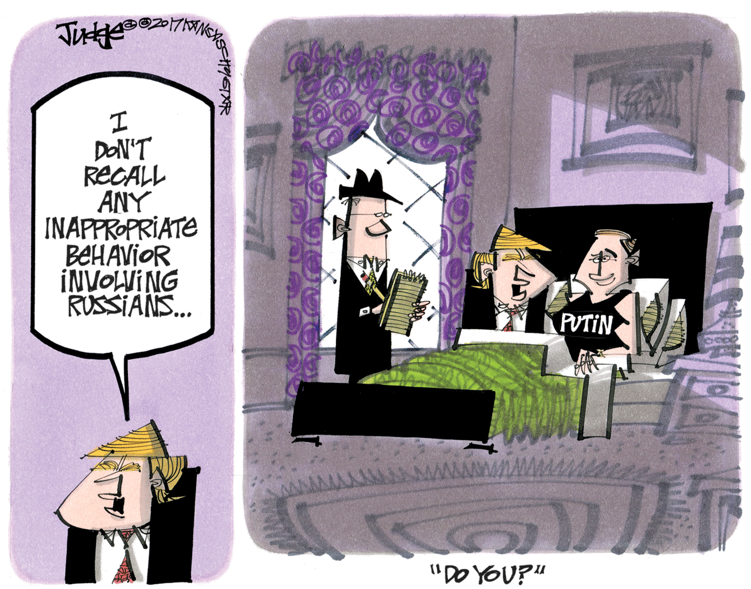 Magenta OCR: DON'T RECALL ANY INAPPROPRIATE BEHAVIOR INVOLVING RUSSIANS.. PUTIN. "Do YOU?" DON'T RECALL ANY INAPPROPRIATE BEHAVIOR INVOLVING RUSSIANS.. PUTIN. "Do YOU?"