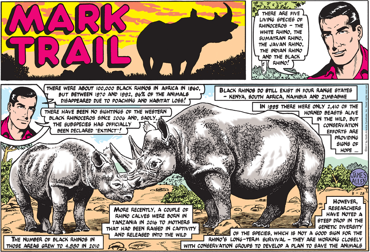 Terrestrial animal OCR: MARK TRAIL THERE ARE FIVE LIVING SPECIES OF BHINOCEROS - THE WHITE RHINOTHE SUMATRAN RHINOTHE INDIAN RHINO AND THE BLACK RHINO! THERE WERE ABOUT 10096% OF THE ANIMALS DISAPPEARED DUE TO POACHING AND HABITAT LOSS! BLACK RHINOS DO STILL EXIST IN FOUR RANGE STATES - KENYANAMBIA AND ZIMBABWE IN 1995 THERE WERE ONLY 2410 OF THE HORNED BEASTS ALIVE IN THE WILDBUT CONSERVATION EFFORTS ARE PROVIDING SIGNS OF HOPE . THERE HAVE BEEN NO SIGHTINGS OF THE WESTERN BLACK RHINOCEROS SINCE 200G ANDTHE SUBSPECIES HAS OFFICIALLY BEEN DECLARED "EXTINCT"! T ALLEN MORE RECENTLYA COUPLE OF RHINO CALVES WERE BORN IN TANZANIA IN 2016 TO MOTHERS THAT HAD BEEN RAISED IN CAPTIVITY AND RELEASED INTO THE WILD HOWEVERRESEARCHERS HAVE NOTEDA STEEP DROP IN THE GENETIC DIVERSITY OF THE SPECIESWHICH IS NOTA GOOD SIGN FOR THE RHINO'S LONG-TERM SURVIVAL - THEY ARE WORKING CLOSELY WITH CONSERVATION GROUPS TO DEVELOP A PLAN TO SAVE THE ANIMALS THE NUMBER OF BLACK RHINOS IN THOSE AREAS GREW TO 4880 IN 2010 MARK TRAIL THERE ARE FIVE LIVING SPECIES OF BHINOCEROS - THE WHITE RHINOTHE SUMATRAN RHINOTHE JAVAN RHINOTHE INDIAN RHINO AND THE BLACK RHINO! THERE WERE ABOUT 100000 BLACK RHINOS IN AFRICA IN 1960BUT BETWEEN 1970 AND 199296% OF THE ANIMALS DISAPPEARED DUE TO POACHING AND HABITAT LOSS! BLACK RHINOS DO STILL EXIST IN FOUR RANGE STATES - KENYASOUTH AFRICANAMBIA AND ZIMBABWE IN 1995 THERE WERE ONLY 2410 OF THE HORNED BEASTS ALIVE IN THE WILDBUT CONSERVATION EFFORTS ARE PROVIDING SIGNS OF HOPE . THERE HAVE BEEN NO SIGHTINGS OF THE WESTERN BLACK RHINOCEROS SINCE 200G ANDTHE SUBSPECIES HAS OFFICIALLY BEEN DECLARED "EXTINCT"! T ALLEN MORE RECENTLYA COUPLE OF RHINO CALVES WERE BORN IN TANZANIA IN 2016 TO MOTHERS THAT HAD BEEN RAISED IN CAPTIVITY AND RELEASED INTO THE WILD HOWEVERRESEARCHERS HAVE NOTEDA STEEP DROP IN THE GENETIC DIVERSITY OF THE SPECIESWHICH IS NOTA GOOD SIGN FOR THE RHINO'S LONG-TERM SURVIVAL - THEY ARE WORKING CLOSELY WITH CONSERVATION GROUPS TO DEVELOP A PLAN TO SAVE THE ANIMALS THE NUMBER OF BLACK RHINOS IN THOSE AREAS GREW TO 4880 IN 2010