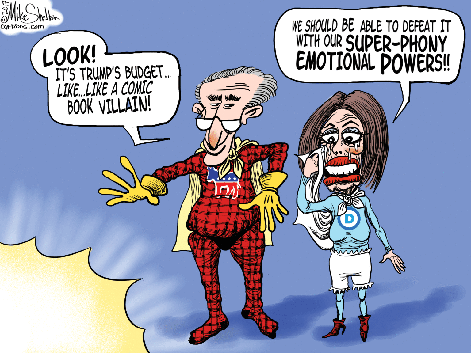 Cartoon OCR: WE SHOULD BE ABLE TO DEFEAT IT WITH OUR SUPER-PHONY EMOTIONAL POWERS! cartoons.com LOOK! IT'S TRUMP'S BUDGET. LIKE.LIKE A COMIC BOOK VILLAIN! WE SHOULD BE ABLE TO DEFEAT IT WITH OUR SUPER-PHONY EMOTIONAL POWERS! cartoons.com LOOK! IT'S TRUMP'S BUDGET. LIKE.LIKE A COMIC BOOK VILLAIN!