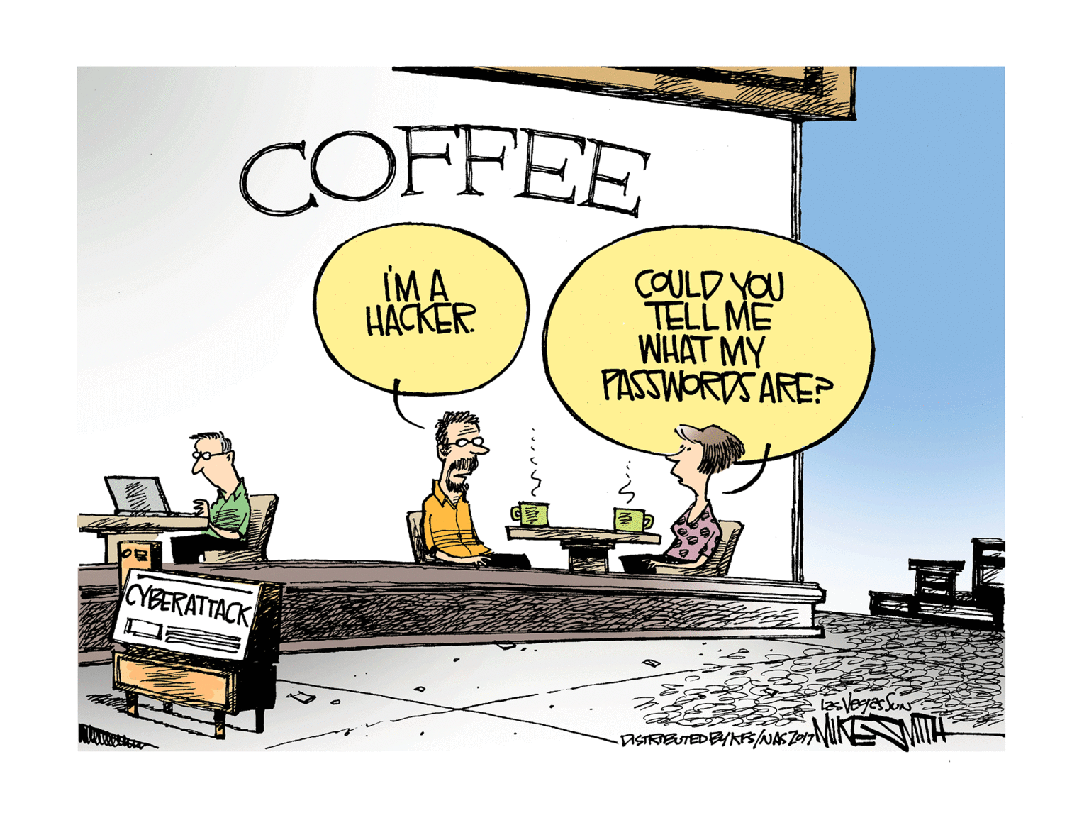 Conversation OCR: COFFEE IM A HACKER COULD YOU TELL ME PASSWORDS ARE? CYBERATTACK ASTRIBUTEDBYNRNASZ17 COFFEE IM A HACKER COULD YOU TELL ME PASSWORDS ARE? CYBERATTACK ASTRIBUTEDBYNRNASZ17