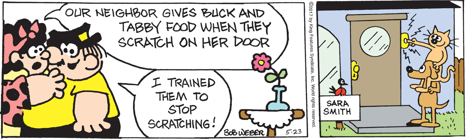 Illustration OCR: OUR NEIGHBOR GIVES BUCK AND TABBY FOOD WHEN THEY SCRATCH ON HER DOOR I TRAINED THEM TO STOP SCRATCHING! SARA SMITH BOBWEBER 5.23 C2017 by King Features SyndicateInc. World rights reserv OUR NEIGHBOR GIVES BUCK AND TABBY FOOD WHEN THEY SCRATCH ON HER DOOR I TRAINED THEM TO STOP SCRATCHING! SARA SMITH BOBWEBER 5.23 C2017 by King Features SyndicateInc. World rights reserv
