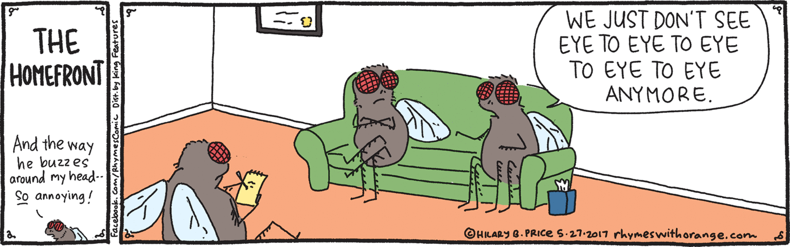 Graphics OCR: THE HOMEFRONT WE JUST DON'T SEE EYE TO EYE TO EYE TO EYE TO EYE ANYMORE. And the way he buzzes around my head-- So annoying! ©HILARY 8. PRICe s-27-2017 rhymeswithorange.com Facebook. Com/RhymesComic Dist.by king THE HOMEFRONT WE JUST DON'T SEE EYE TO EYE TO EYE TO EYE TO EYE ANYMORE. And the way he buzzes around my head-- So annoying! ©HILARY 8. PRICe s-27-2017 rhymeswithorange.com Facebook. Com/RhymesComic Dist.by king