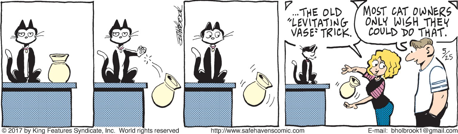 Happy OCR: ...THE OLD "LEVITATING VASE TRICK. MOST CAT OWNERS ONLY WISH THEY COULD DO THÁT. © 2017 by King Features SyndicateInc. World rights reserved http://www.safehavenscomic.com E-mail: bholbrook1@gmail.com ?? ...THE OLD "LEVITATING VASE TRICK. MOST CAT OWNERS ONLY WISH THEY COULD DO THÁT. © 2017 by King Features SyndicateInc. World rights reserved http://www.safehavenscomic.com E-mail: bholbrook1@gmail.com ? ?