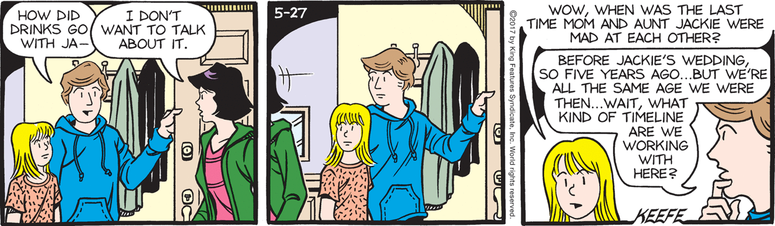 Animation OCR: WOWWHEN WAS THE LAST TIME MOM AND AUNT JACKIE WERE MAD AT EACH OTHER? I DON'T 5-27 HOW DID DRINKS GO( WANT TO TALK WITH JA- ABOUT IT. BEFORE JACKIE'S WEDDINGSO FIVE YEARS AGO...BUT WE'RE ALL THE SAME AGE WE WERE THEN...WAITWHAT KIND OF TIMELINE ARE WE WORKING WITH HERE? KEEFE y King Features SyndicateInc. World rights rese WOWWHEN WAS THE LAST TIME MOM AND AUNT JACKIE WERE MAD AT EACH OTHER? I DON'T 5-27 HOW DID DRINKS GO( WANT TO TALK WITH JA- ABOUT IT. BEFORE JACKIE'S WEDDINGSO FIVE YEARS AGO...BUT WE'RE ALL THE SAME AGE WE WERE THEN...WAITWHAT KIND OF TIMELINE ARE WE WORKING WITH HERE? KEEFE y King Features SyndicateInc. World rights rese