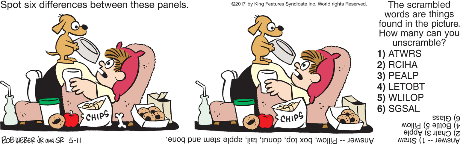Fictional character OCR: Spot six differences between these panels. ©2017 by King Features Syndicate Inc. World rights Reserved. The scrambled words are things found in the picture. How many can you unscramble? 1) ATWRS 2) RCIHA 3) PEALP 4) LETOBT 5) WLILOP 6) SGSAL CHIPS CHIPS 6) Glass 4) Bottle 5) Pillow 2) Chair 3) Apple BOB WEBER JR and SR 5-11 Answer -- Pillowapple stem and bone. Answer-- 1) Straw Spot six differences between these panels. ©2017 by King Features Syndicate Inc. World rights Reserved. The scrambled words are things found in the picture. How many can you unscramble? 1) ATWRS 2) RCIHA 3) PEALP 4) LETOBT 5) WLILOP 6) SGSAL CHIPS CHIPS 6) Glass 4) Bottle 5) Pillow 2) Chair 3) Apple BOB WEBER JR and SR 5-11 Answer -- Pillowbox topapple stem and bone. Answer-- 1) Straw