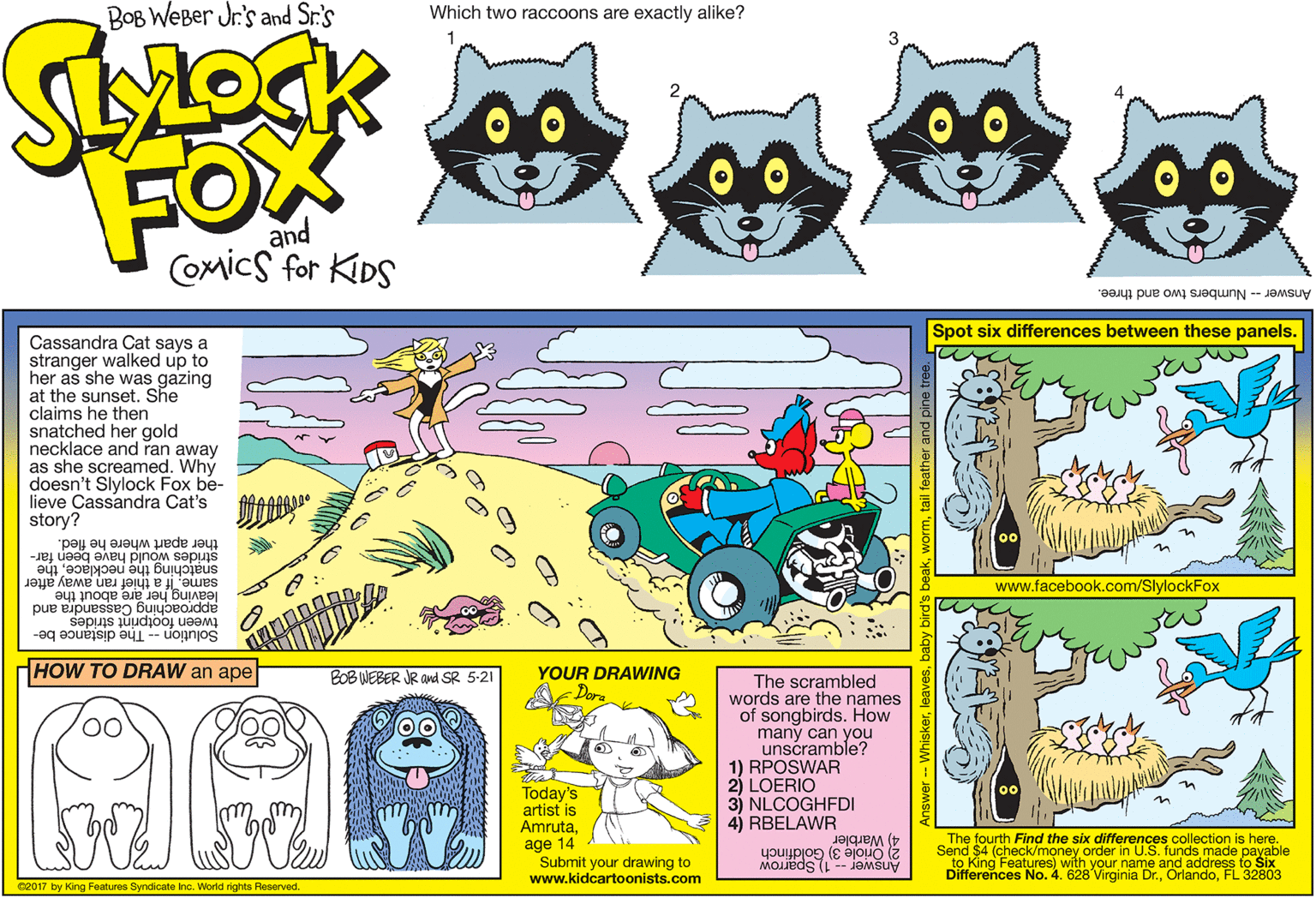 Graphics OCR: BOB WEBer Jr.'s and Sr.'s Which two raccoons are exactly alike? FOX and COmicS for KIDS Answer-Numbers two and three. Spot six differences between these panels. Cassandra Cat says a stranger walked up to her as she was gazing at the sunset. She claims he then snatched her gold necklace and ran away as she screamed. Why doesn't Slylock Fox be- lieve Cassandra Cat's f story? ? ther apart where he fled. snatching the necklacethe same. If a thief ran away after strides would have been far- www.facebook.com/SlylockFox leaving her are about the approaching Cassandra and tween footprint strides Solution -- The distance be- HHOW TO DRAW an ape BOB WEBER JR and SR 5-21 YOUR DRAWING The scrambled words are the names of songbirds. How many can you unscramble? 1) RPOSWAR 2) LOERIO 3) NLCOGHFDI 4) RBELAWR -Dara Today's artist is Amrutaage 14 Submit your drawing to www.kidcartoonists.com The fourth Send $4 (check/money order in U.S. funds made payable to King Features) with your name and address to Six Differences No. 4. 628 Virginia Dr.FL 32803 d the six differences collection is here. 2) Oriole 3) Goldfinch 4) Warbler Answer - 1 Sparrow C2017 by King Features Syndicate Inc. World rights Reserved. BOB WEBer Jr.'s and Sr.'s Which two raccoons are exactly alike? FOX and COmicS for KIDS Answer-Numbers two and three. Spot six differences between these panels. Cassandra Cat says a stranger walked up to her as she was gazing at the sunset. She claims he then snatched her gold necklace and ran away as she screamed. Why doesn't Slylock Fox be- lieve Cassandra Cat's f story? ? ther apart where he fled. snatching the necklacethe same. If a thief ran away after strides would have been far- www.facebook.com/SlylockFox leaving her are about the approaching Cassandra and tween footprint strides Solution -- The distance be- HHOW TO DRAW an ape BOB WEBER JR and SR 5-21 YOUR DRAWING The scrambled words are the names of songbirds. How many can you unscramble? 1) RPOSWAR 2) LOERIO 3) NLCOGHFDI 4) RBELAWR -Dara Today's artist is Amrutaage 14 Submit your drawing to www.kidcartoonists.com The fourth Send $4 (check/money order in U.S. funds made payable to King Features) with your name and address to Six Differences No. 4. 628 Virginia Dr.FL 32803 d the six differences collection is here. 2) Oriole 3) Goldfinch 4) Warbler Answer - 1 Sparrow C2017 by King Features Syndicate Inc. World rights Reserved.