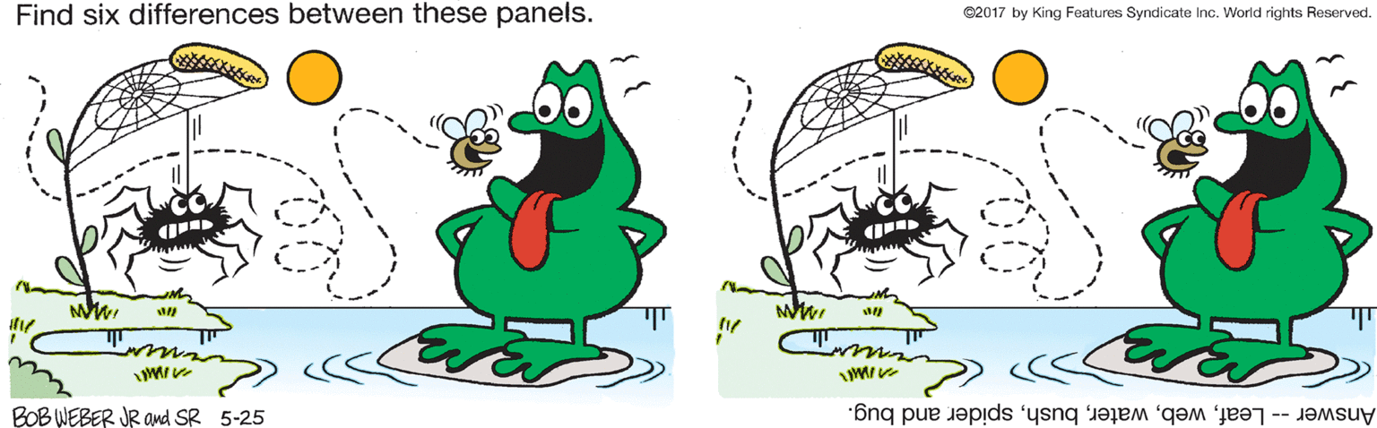 Drawing OCR: Find six differences between these panels. @2017 by King Features Syndicate Inc. World rights Reserved. BOB WEBER JR and SR 5-25 Answer -- Leafspider and bug. Find six differences between these panels. @2017 by King Features Syndicate Inc. World rights Reserved. BOB WEBER JR and SR 5-25 Answer -- Leafspider and bug.