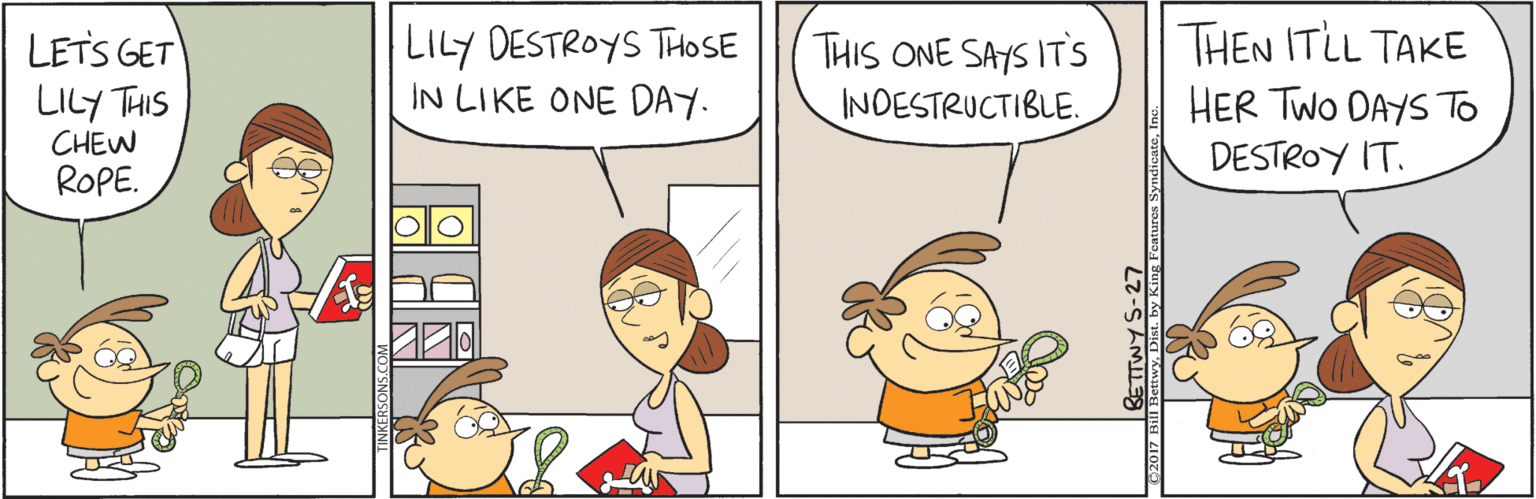 Illustration OCR: LETS GET LILY THIS CHEW ROPE. LILY DESTROYS THOSE IN LIKE ONE DAY. THEN ITLL TAKE HER TWo DAYS To DESTROY IT. THIS ONE SAYS ITS INDESTRUCTIBLE. LETS GET LILY THIS CHEW ROPE. LILY DESTROYS THOSE IN LIKE ONE DAY. THEN ITLL TAKE HER TWo DAYS To DESTROY IT. THIS ONE SAYS ITS INDESTRUCTIBLE.