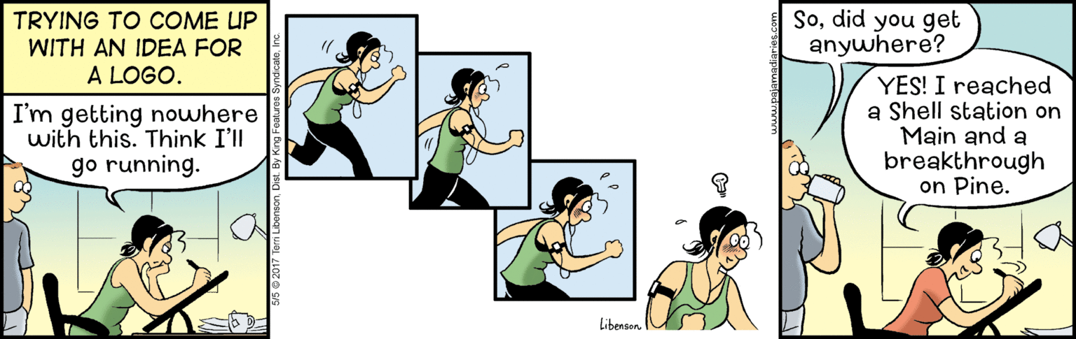 Animated cartoon OCR: Sodid you get anywhere? TRYING TO COME UP WITH AN IDEA FOR A LOGO. I'm getting nowhere with this. Think I'll go running. YES! I reached a Shell station on Main and a breakthrough on Pine. Libenson Sodid you get anywhere? TRYING TO COME UP WITH AN IDEA FOR A LOGO. I'm getting nowhere with this. Think I'll go running. YES! I reached a Shell station on Main and a breakthrough on Pine. Libenson