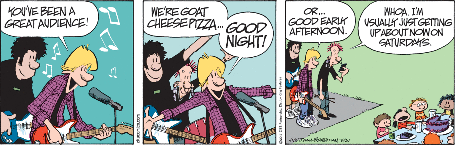 Fiction OCR: KOU'VE BEEN A GREAT AUDIENCE! WE'RE GOAT CHEESE PIZZA. GOOD OR... GOOD EARLK AFTERNOON. WHOA. I'M VSUALLY JUST GETTING UPABOUT NOWON SATURDAYS. NIGHT! ? KOU'VE BEEN A GREAT AUDIENCE! WE'RE GOAT CHEESE PIZZA. GOOD OR... GOOD EARLK AFTERNOON. WHOA. I'M VSUALLY JUST GETTING UPABOUT NOWON SATURDAYS. NIGHT! ?
