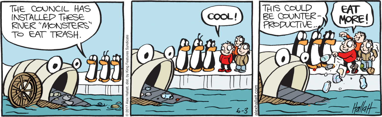 Conversation OCR: THE COUNCIL HAS INSTALLED THESE RIVER "MONSTERS" TO EAT TRASH. THIS COULD BE COUNTER- PRODUCTIVE. EAT MORE! COOL! Halat THE COUNCIL HAS INSTALLED THESE RIVER "MONSTERS" TO EAT TRASH. THIS COULD BE COUNTER- PRODUCTIVE. EAT MORE! COOL! Halat