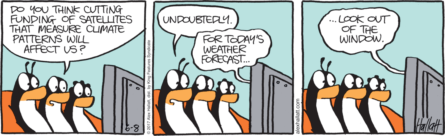 Animated cartoon OCR: DO YOU THINK CUTTING FUNDING OF SATELLITES THAT MEASURE CIMATE PATTERNS WILL AFFECT US? UNDOUBTEDY. LOOK OUT OF THE WINDOW. FOR TODAY'S WEATHER FORECAST. 8-9 DO YOU THINK CUTTING FUNDING OF SATELLITES THAT MEASURE CIMATE PATTERNS WILL AFFECT US? UNDOUBTEDY. LOOK OUT OF THE WINDOW. FOR TODAY'S WEATHER FORECAST. 8-9