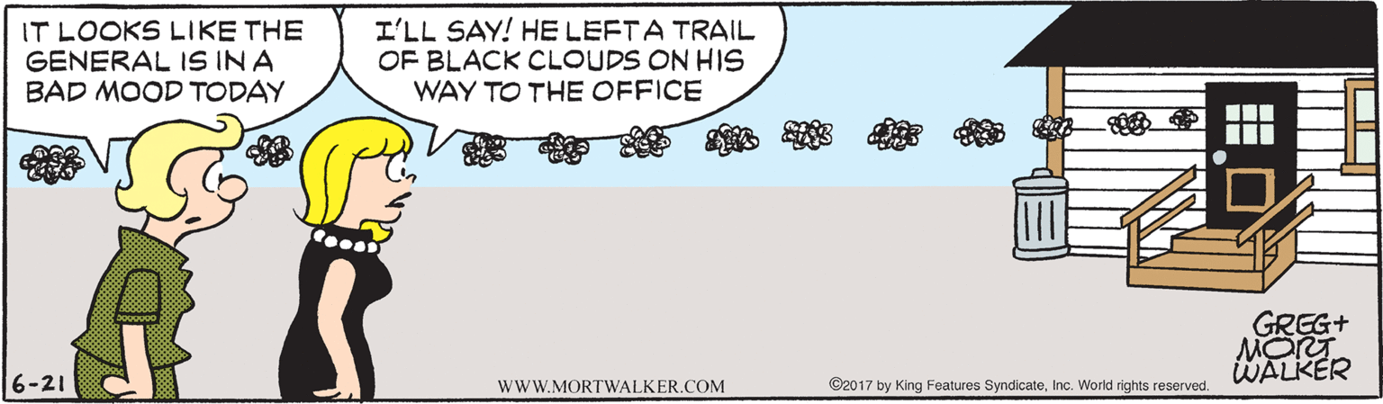 Sharing OCR: IT LOOKS LIKE THE GENERAL IS IN A BAD MOOD TODAY I'LL SAY! HE LEFTA TRAIL OF BLACK CLOUDS ON HIS WAY TO THE OFFICE GREG+ MORT WALKER 6-21 wwW.MORTWALKER.COM ©2017 by King Features SyndicateInc. World rights reserved. IT LOOKS LIKE THE GENERAL IS IN A BAD MOOD TODAY I'LL SAY! HE LEFTA TRAIL OF BLACK CLOUDS ON HIS WAY TO THE OFFICE GREG+ MORT WALKER 6-21 wwW.MORTWALKER.COM ©2017 by King Features SyndicateInc. World rights reserved.