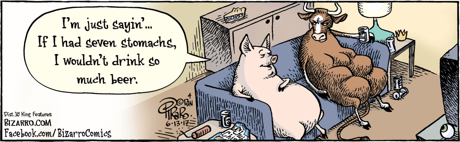 Rectangle OCR: BIZARRO.COM Facebook.com/BizarroComics Dist Y King featuras I'm just sayin'... if I had seven stomachsI wouldn't drink so much beer. 3 6.13.17 hibby Chips BIZARRO.COM Facebook.com/BizarroComics Dist Y King featuras I'm just sayin'... if I had seven stomachsI wouldn't drink so much beer. 3 6.13.17 hibby Chips