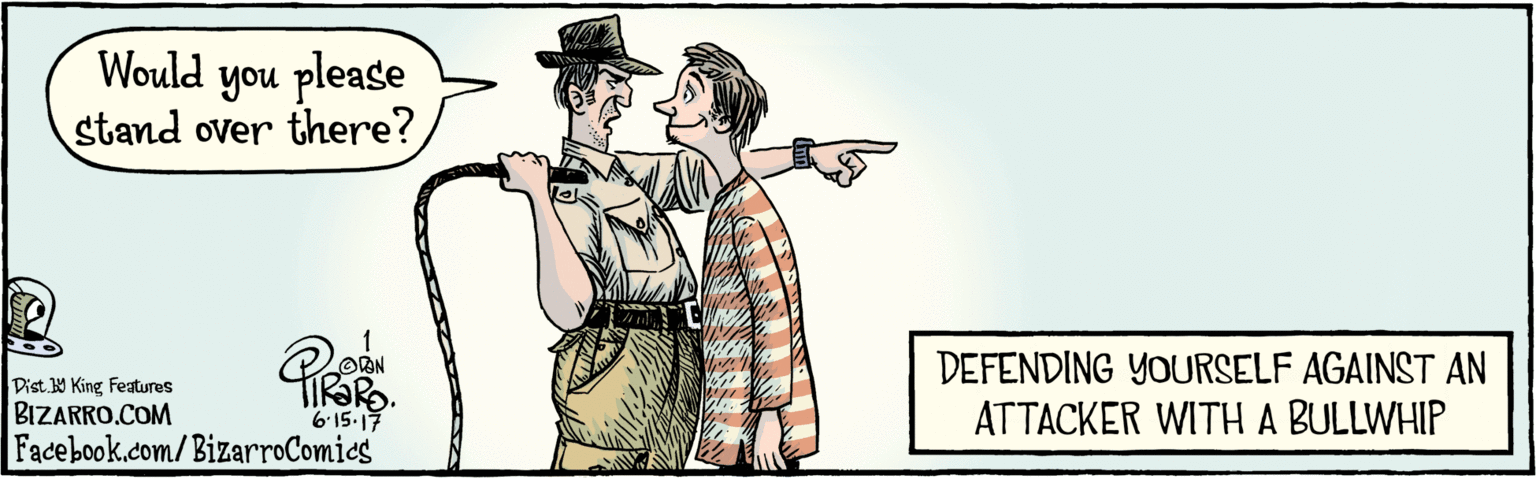 Drawing OCR: BIZARRO.COM Facebook.com/BizarroComies Dist Y King Features Would you please stand over there? ODEN 6'1517 DEFENDING YOURSELF AGAINST AN ATTACKER WITH A BULLWHIP BIZARRO.COM Facebook.com/BizarroComies Dist Y King Features Would you please stand over there? ODEN 6'1517 DEFENDING YOURSELF AGAINST AN ATTACKER WITH A BULLWHIP