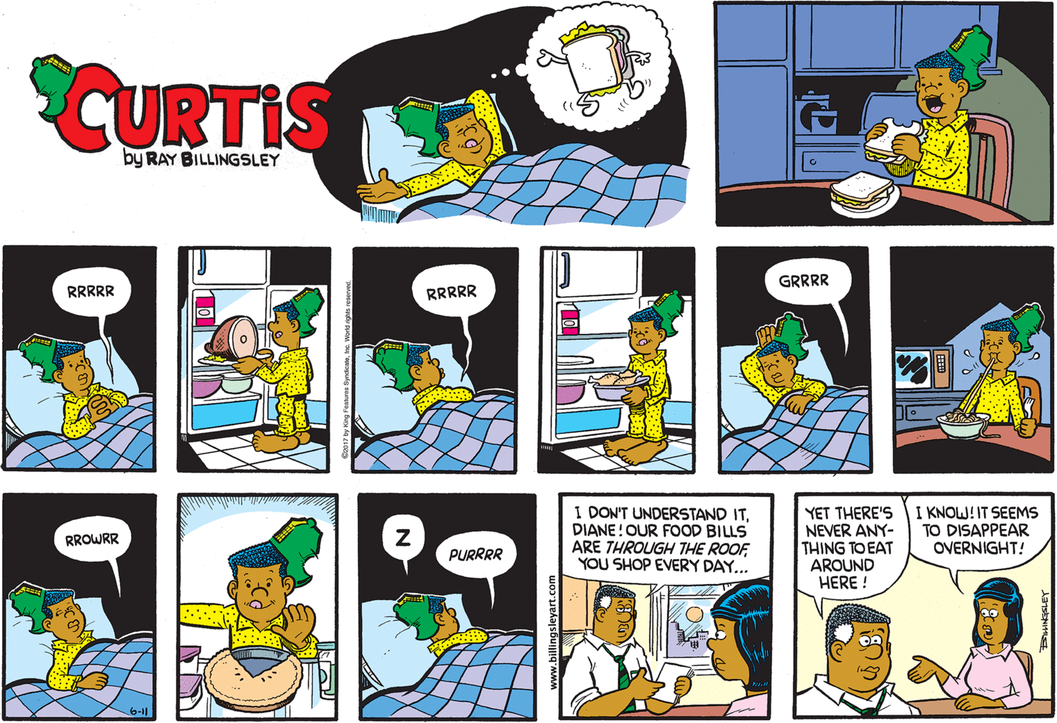 Animated cartoon OCR: CURTIS by RAY BILLINGSLEY GRRRR RRRRR RRRRR I DON'T UNDERSTAND ITDIANE!OUR FOOD BILLS ARE THROUGH THE ROOFYOU SHOP EVERY DAY... YET THERE'S NEVER ANY- THING TOEAT AROUND HERE ! I KNOW!IT SEEMS TO DISAPPEAR OVERNIGHT! RROWRR PURRRR 6-11 CURTIS by RAY BILLINGSLEY GRRRR RRRRR RRRRR I DON'T UNDERSTAND ITDIANE!OUR FOOD BILLS ARE THROUGH THE ROOFYOU SHOP EVERY DAY... YET THERE'S NEVER ANY- THING TOEAT AROUND HERE ! I KNOW!IT SEEMS TO DISAPPEAR OVERNIGHT! RROWRR PURRRR 6-11