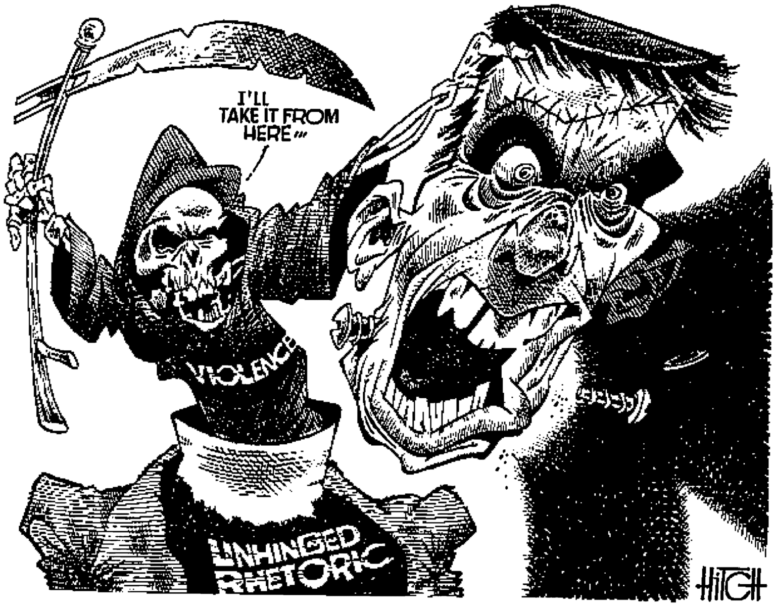 Drawing OCR: I'LL TAKE IT FROM HERE ENCE UNHINGED RHETORIC HiGH I'LL TAKE IT FROM HERE ENCE UNHINGED RHETORIC HiGH