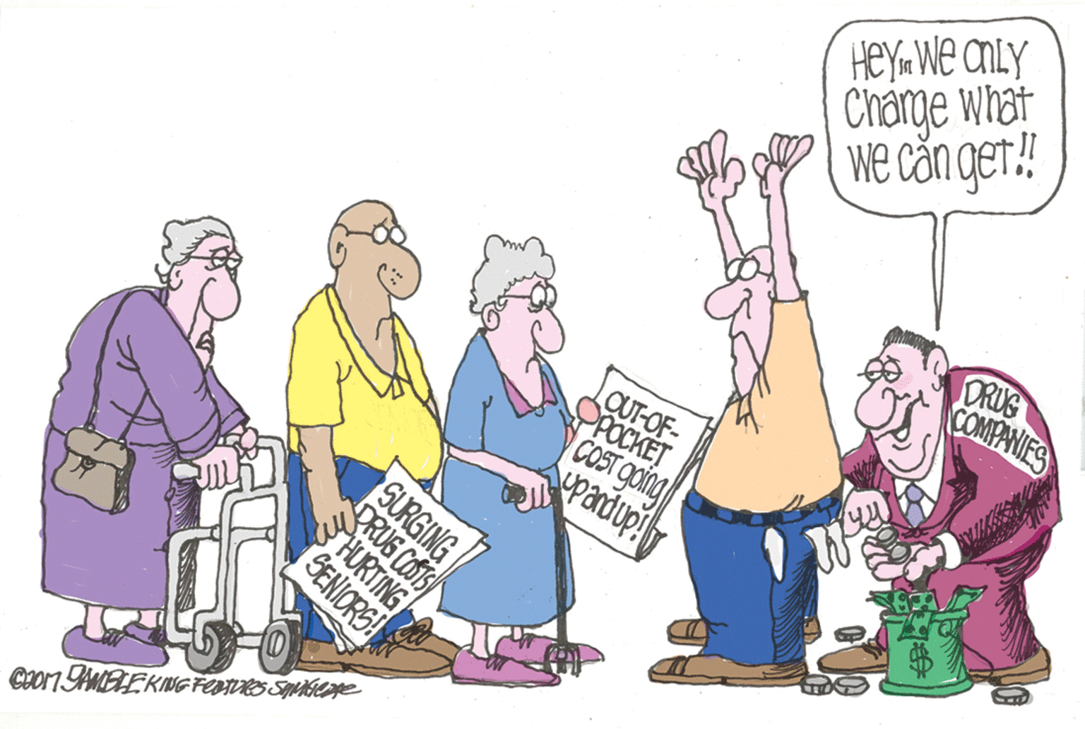Event OCR: Heym We CNLY Charge what we can ger! DRUG COMPANIES OUT-OF- OPOCKET COST gOing upandup! SURGING DRUS COSTS HURTING SENIORS Heym We CNLY Charge what we can ger! DRUG COMPANIES OUT-OF- OPOCKET COST gOing upandup! SURGING DRUS COSTS HURTING SENIORS