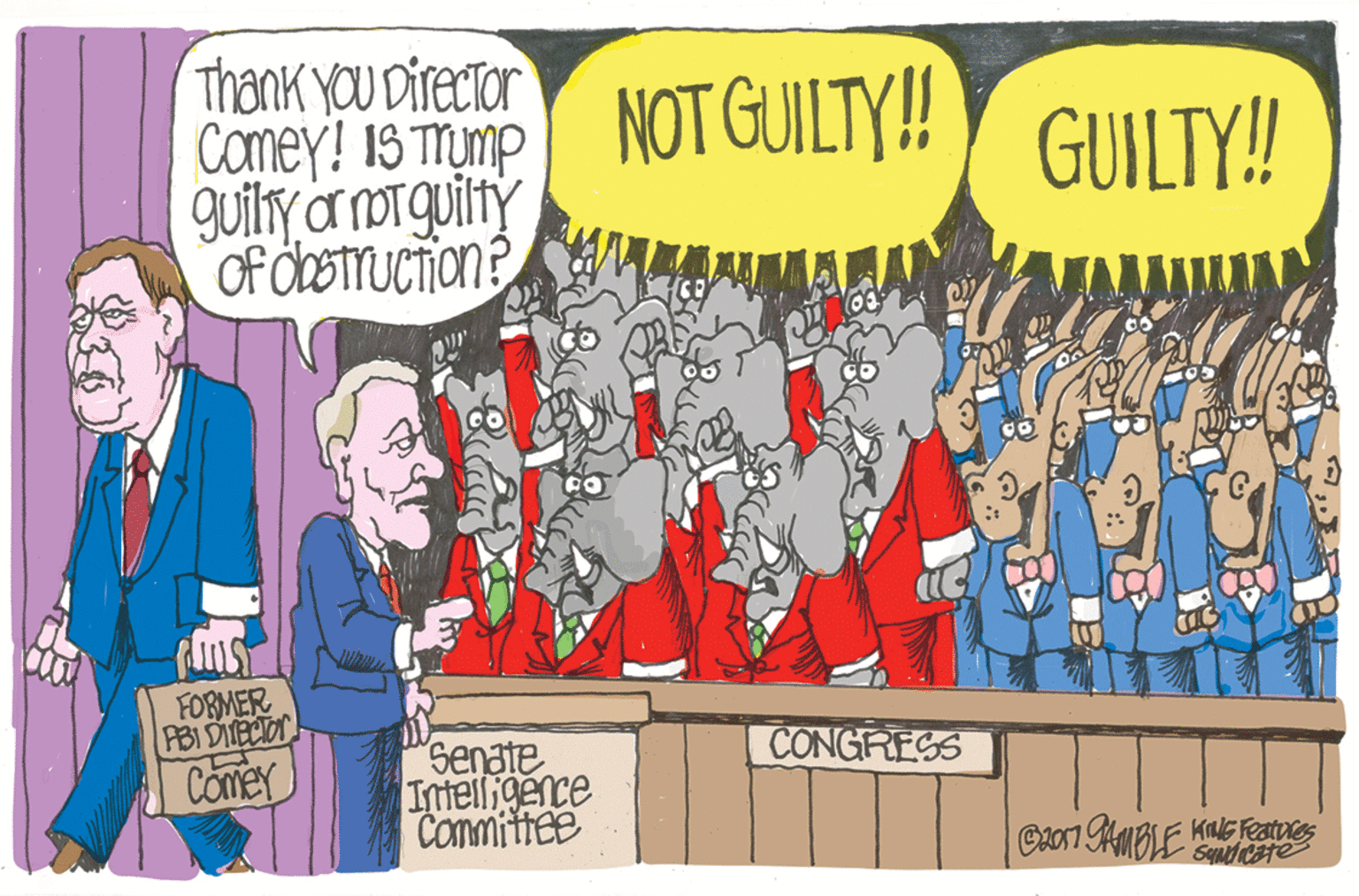 Event OCR: Thank yOU Director Comey! 1S Mmp NOT GUILTY! guilya norguity Of dbStruCTion GUILTY!! FORMER PB1 DITECIor Comer CONGRESS senate Intelligence Committee SYndicare Thank yOU Director Comey! 1S Mmp NOT GUILTY! guilya norguity Of dbStruCTion GUILTY!! FORMER PB1 DITECIor Comer CONGRESS senate Intelligence Committee SYndicare