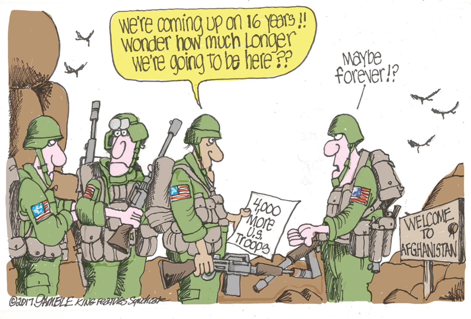 Event OCR: we're coming up on 16 YENS !! Wonder how much Longer we're going to be here ? Maybe forever!? 4000 PMOre U.S. Troops WELCOME TO AFGHANISTAN we're coming up on 16 YENS !! Wonder how much Longer we're going to be here ? Maybe forever!? 4000 PMOre U.S. Troops WELCOME TO AFGHANISTAN