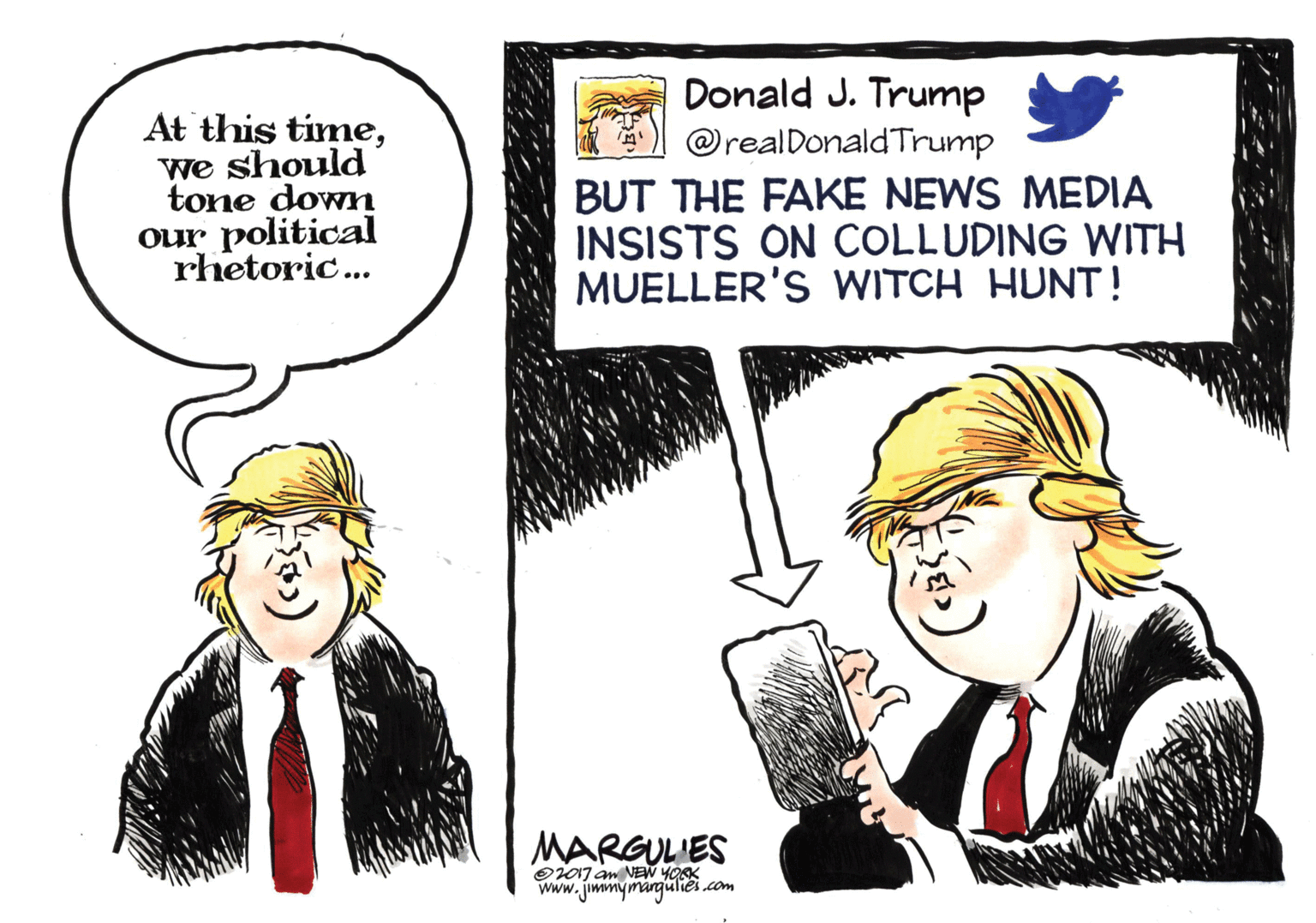 Gesture OCR: At this timeWe should tone down our political rhetoric... Donald J. Trump ) @realDonaldTrump BUT THE FAKE NEWS MEDIA INSISTS ON COLLUDING WITH MUELLER'S WITCH HUNT! MARGULIES Oi07 am NEW YORK www.jimmymargüliei com At this timeWe should tone down our political rhetoric... Donald J. Trump ) @realDonaldTrump BUT THE FAKE NEWS MEDIA INSISTS ON COLLUDING WITH MUELLER'S WITCH HUNT! MARGULIES Oi07 am NEW YORK www.jimmymargüliei com