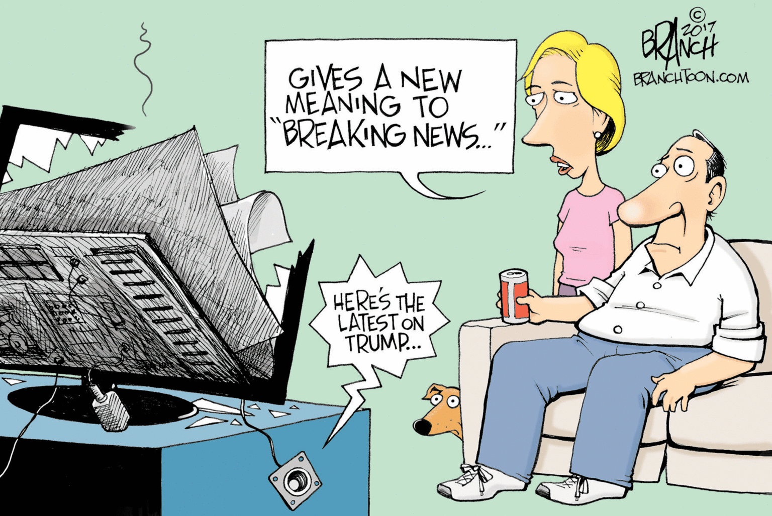 Illustration OCR: 2017 GIVES A NEW MEANING TO "BREAKING NEWS." ERANCHTOON.COM HERES THE LATEST ON TRUMP.. 2017 GIVES A NEW MEANING TO "BREAKING NEWS." ERANCHTOON.COM HERES THE LATEST ON TRUMP..