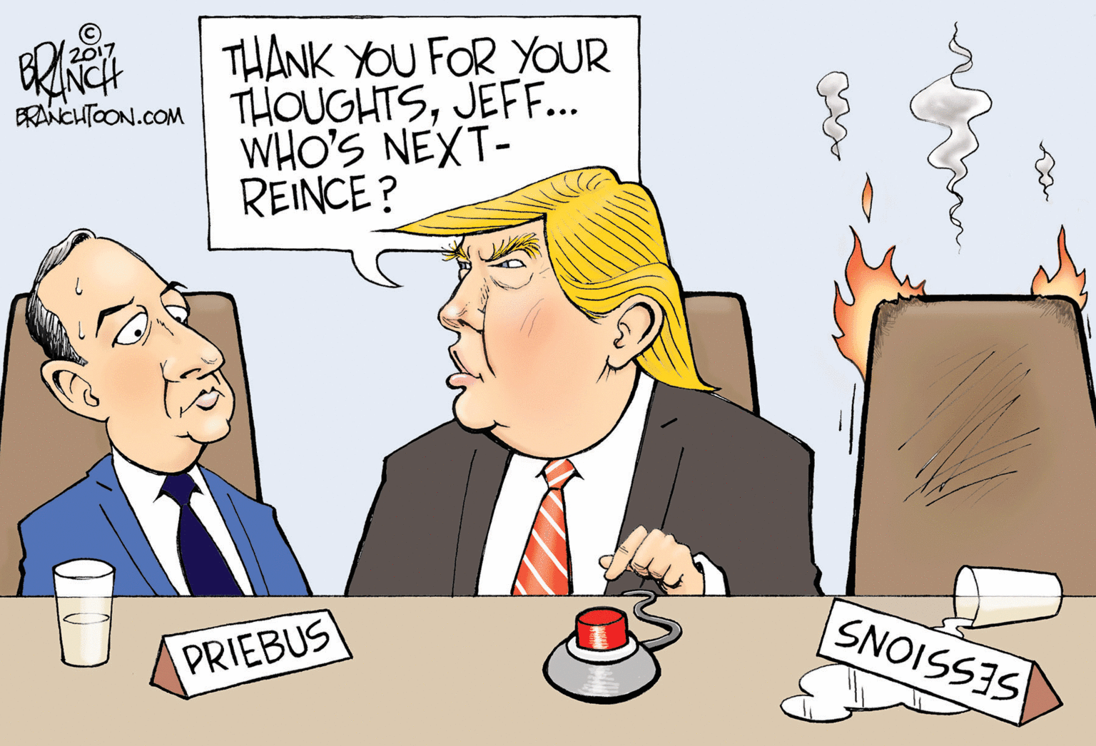 Illustration OCR: THANK YOU FOR YOUR FabEuToON.COM THOUGHTSJEF... WHO'S NEXT- REINCE? 2017 SNOISSIS PRIEBUS THANK YOU FOR YOUR FabEuToON.COM THOUGHTSJEF... WHO'S NEXT- REINCE? 2017 SNOISSIS PRIEBUS