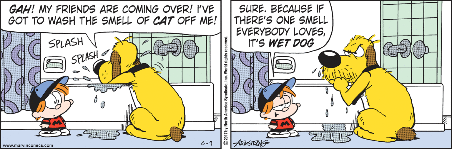 Animated cartoon OCR: GAH! MY FRIENDS ARE COMING OVER! I'VE GOT TO WASH THE SMELL OF CAT OFF ME! SURE. BECAUSE IF THERE'S ONE SMELL EVERYBODY LOVESIT'S WET DOG SPLASH SPLASH O www.marvincomics.com 6-9 2017 by North America SyndicateInc. World righ GAH! MY FRIENDS ARE COMING OVER! I'VE GOT TO WASH THE SMELL OF CAT OFF ME! SURE. BECAUSE IF THERE'S ONE SMELL EVERYBODY LOVESIT'S WET DOG SPLASH SPLASH O www.marvincomics.com 6-9 2017 by North America SyndicateInc. World righ