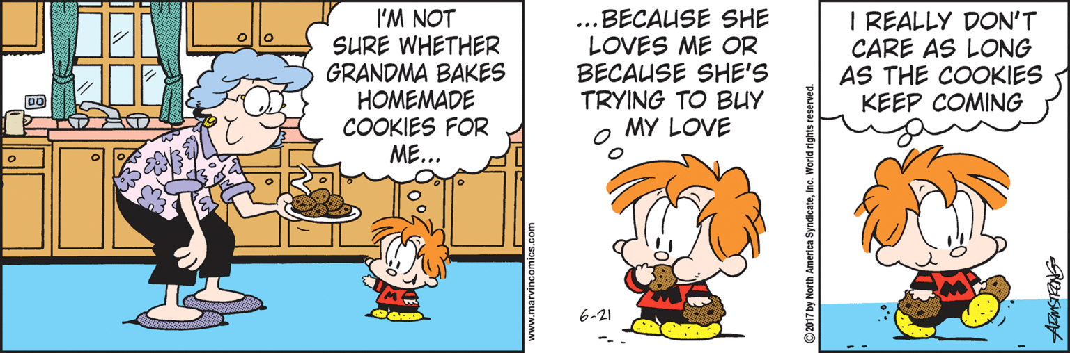 Illustration OCR: I'M NOT SURE WHETHER GRANDMA BAKES HOMEMADE COOKIES FOR ME... ...BECAUSE SHE LOVES ME OR BECAUSE SHE'S TRYING TO BUY MY LOVE I REALLY DON'T CARE AS LONG AS THE COOKIES KEEP COMING 00 6-21 ©2017 by North America SyndicateInc. Wor I'M NOT SURE WHETHER GRANDMA BAKES HOMEMADE COOKIES FOR ME... ...BECAUSE SHE LOVES ME OR BECAUSE SHE'S TRYING TO BUY MY LOVE I REALLY DON'T CARE AS LONG AS THE COOKIES KEEP COMING 00 6-21 ©2017 by North America SyndicateInc. Wor