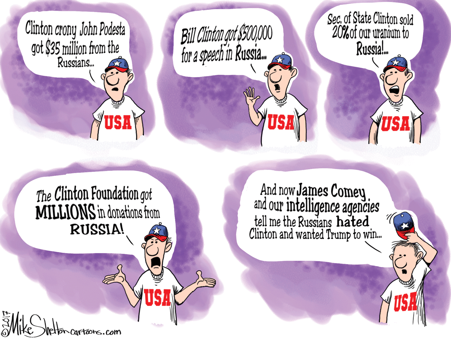 Organism OCR: Secof State Clinton sold 20%of our uranium to Russial. Clinton crony John Podesta got $35 milion from the Russians. Bill Cinton got $5000 for a speech in Russia. USA USA YUSA The Clinton Foundation got MILLIONS in donations hom RUSSIA! And now James Comey. and our intelligence agencies tell me the Russians hated Clinton and wanted Trump to win. YUSA USA vettoncartoohs.com Secof State Clinton sold 20%of our uranium to Russial. Clinton crony John Podesta got $35 milion from the Russians. Bill Cinton got $5000 for a speech in Russia. USA USA YUSA The Clinton Foundation got MILLIONS in donations hom RUSSIA! And now James Comey. and our intelligence agencies tell me the Russians hated Clinton and wanted Trump to win. YUSA USA vettoncartoohs.com