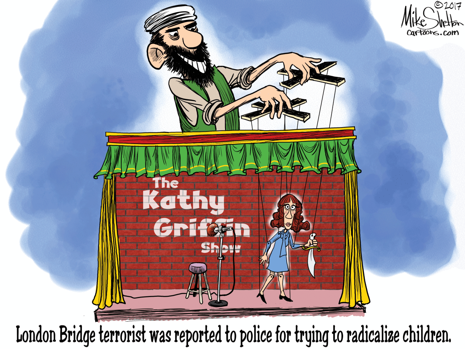 Graphics OCR: O2017 Miketon Cartoons.comn The Kathy Griffin Sheve London Bridge terrorist was reported to police for trying to radicaliae children. O2017 Miketon Cartoons.comn The Kathy Griffin Sheve London Bridge terrorist was reported to police for trying to radicaliae children.