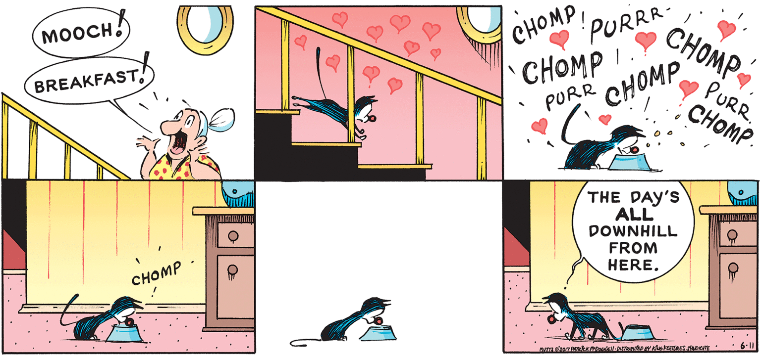 Graphics OCR: CHOM. PURRR- CHOMP. MOOCH.) PURR CHOMP CHOMP! BREAKFASTPURR. CHOMP. THE DAY'S ALL DOWNHILL FROM HERE. ???MP 611 CHOM. PURRR- CHOMP. MOOCH.) PURR CHOMP CHOMP! BREAKFASTPURR. CHOMP. THE DAY'S ALL DOWNHILL FROM HERE. ???MP 611